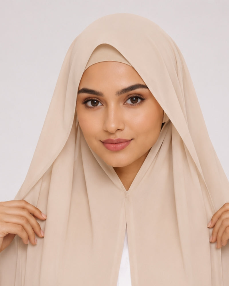 Ivory Beige Modest Chiffon Hijab with Built-in Magnets