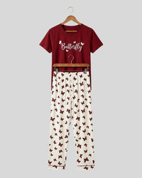 Maroon Small Leaves Printed PJ Set