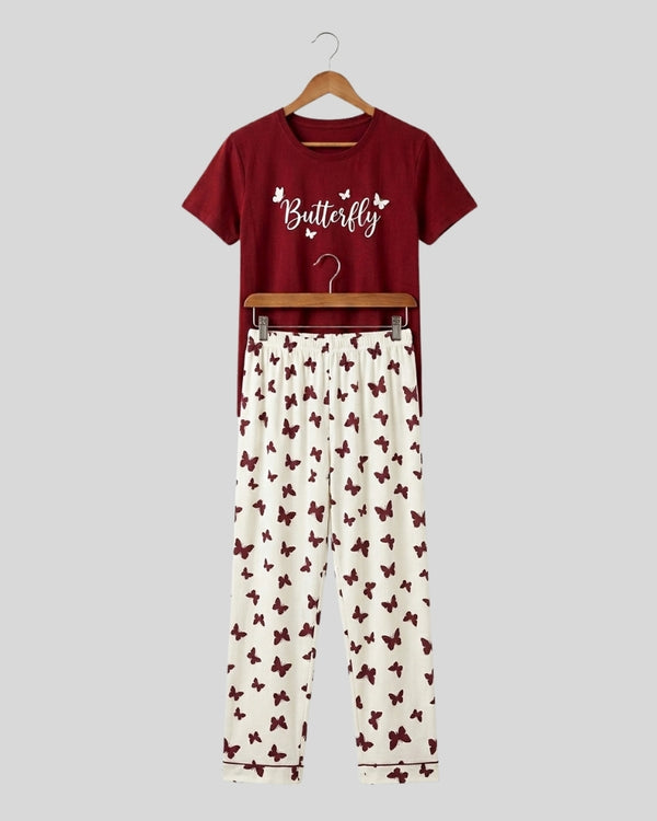 Maroon Small Leaves Printed PJ Set
