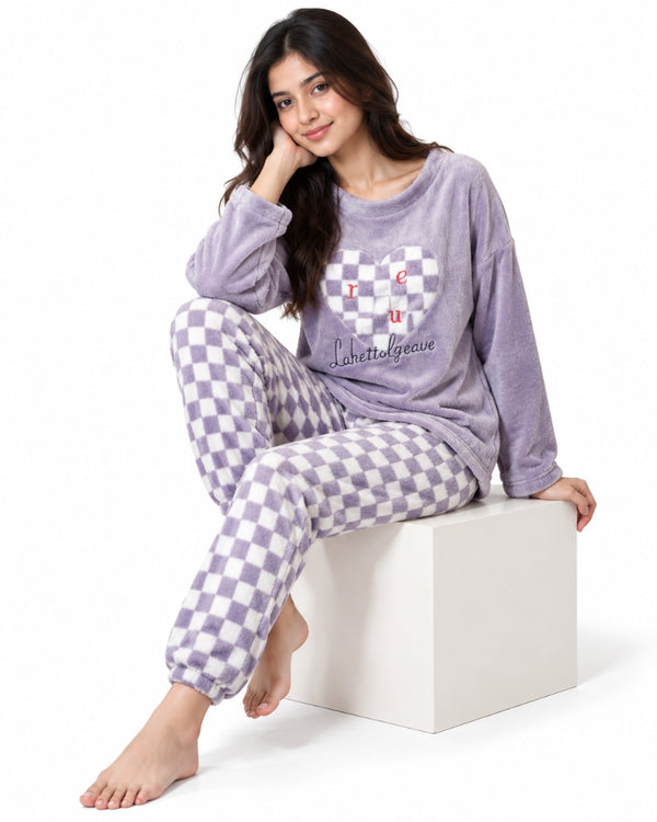 Cozy Checkered Heart Plush Winter Pajama Set – Lavender