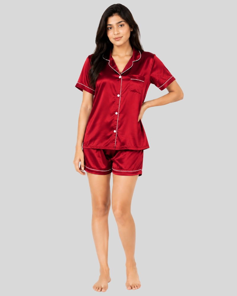 Ruby Red Satin Piping Night Suit