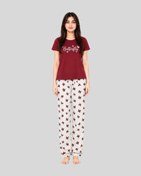 Maroon Small Leaves Printed PJ Set