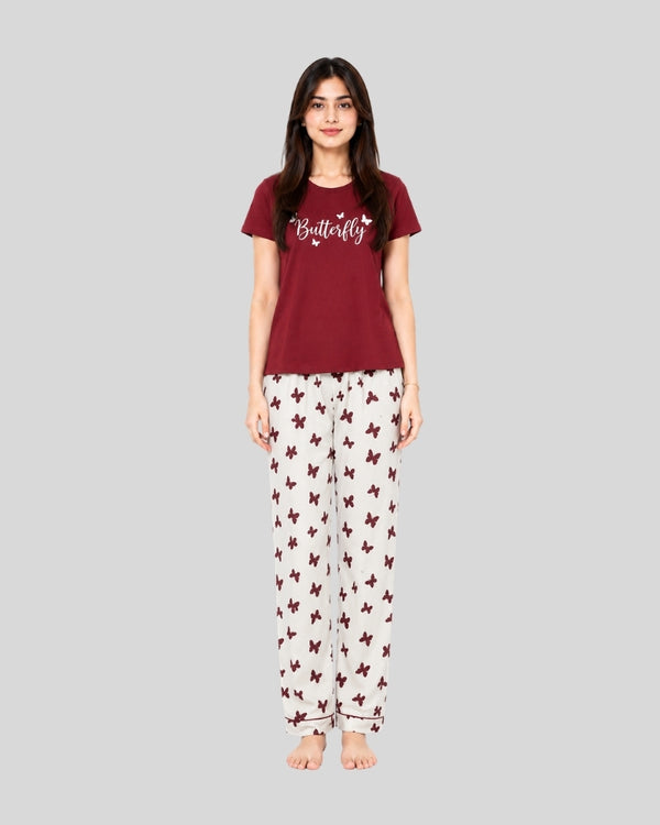 Maroon Small Leaves Printed PJ Set