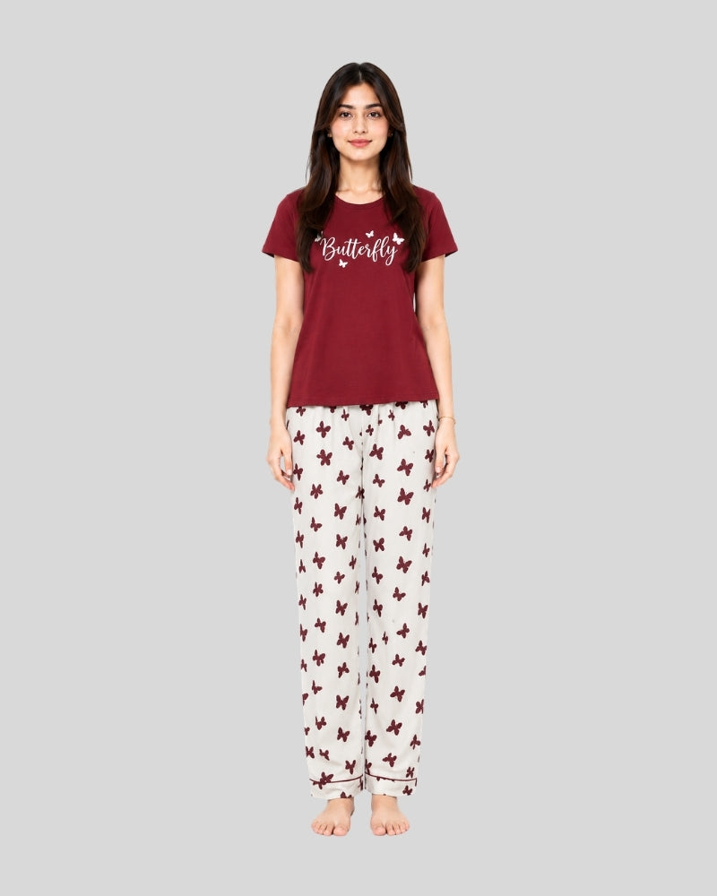 Maroon Small Leaves Printed PJ Set