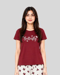 Maroon Small Leaves Printed PJ Set