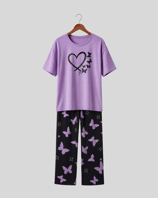 Purple Heart & Butterfly Printed PJ Set