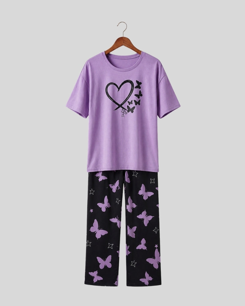 Purple Heart & Butterfly Printed PJ Set