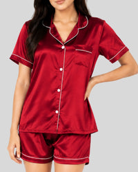 Ruby Red Satin Piping Night Suit
