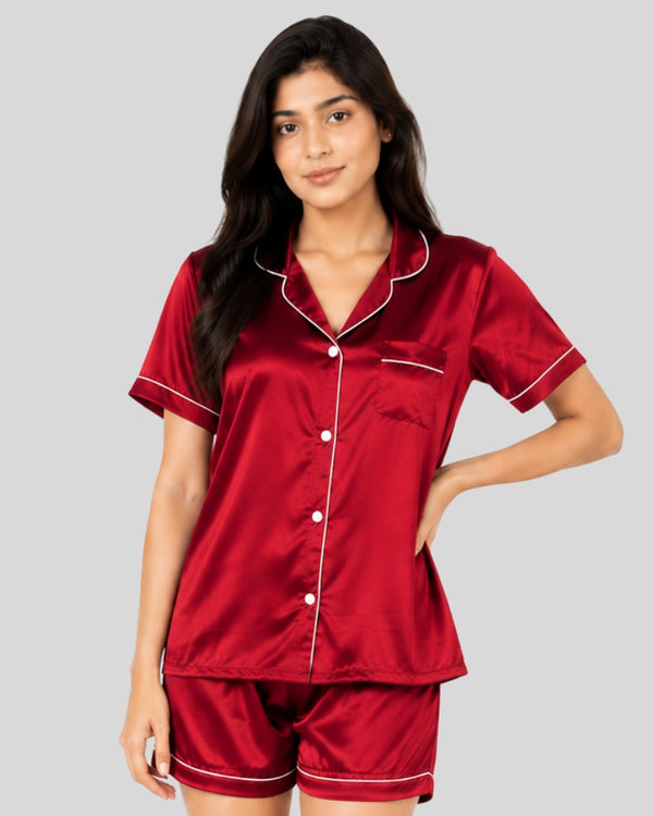 Ruby Red Satin Piping Night Suit