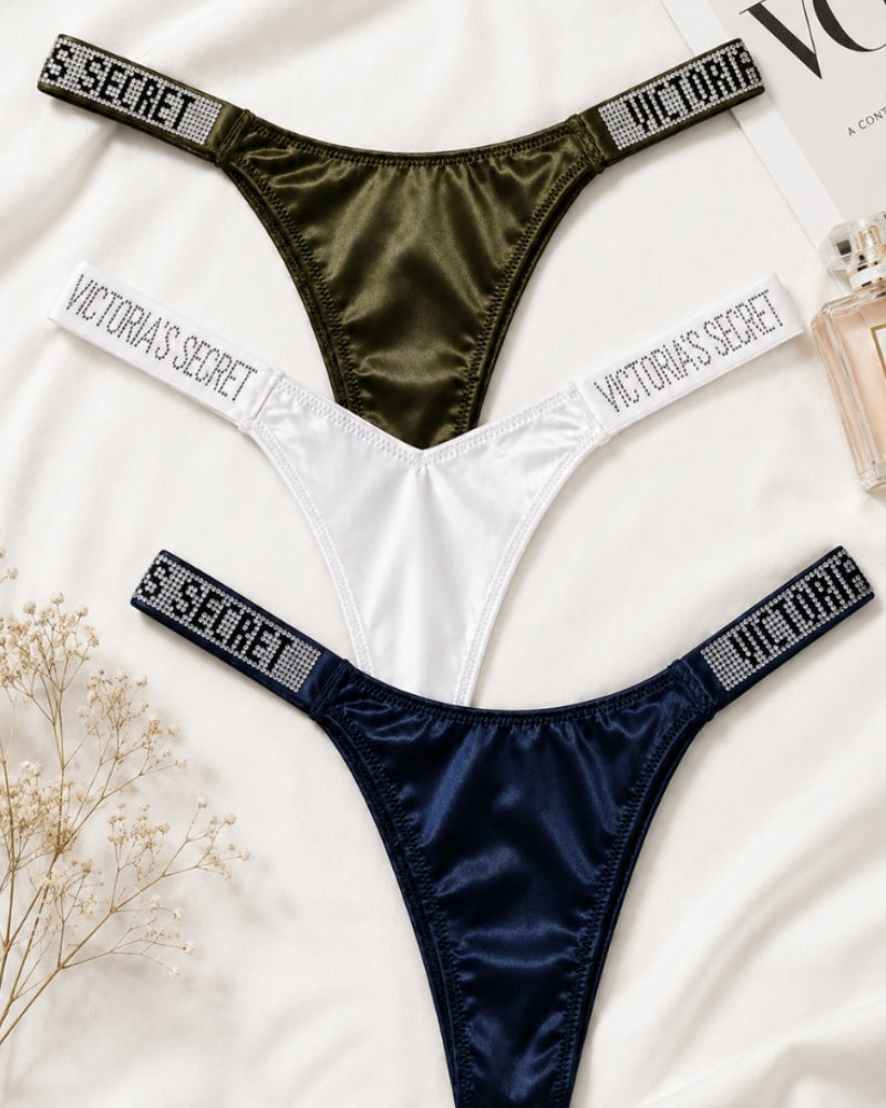 Signature Satin Logo Waist Thong Trio (Olive, White & Navy)