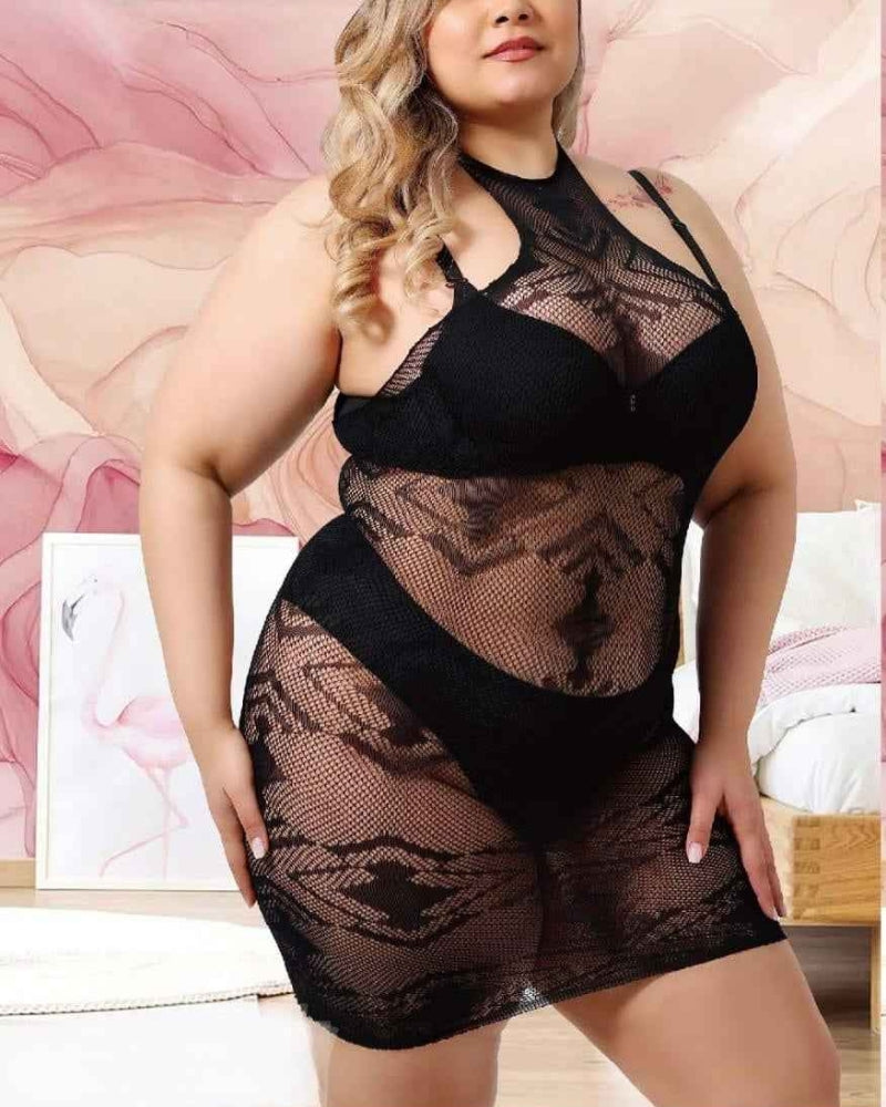 Midnight Floral Lace Halter Mini Dress – Black