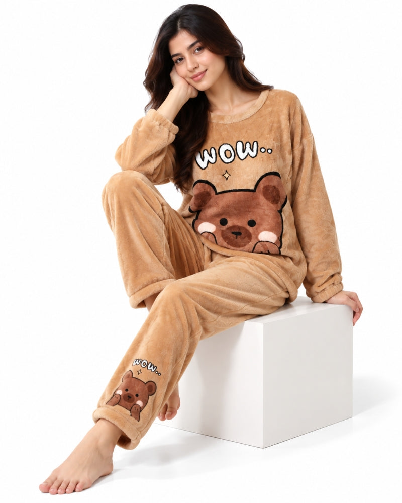 Wow Teddy Bear Plush Winter Pajama Set – Caramel Brown