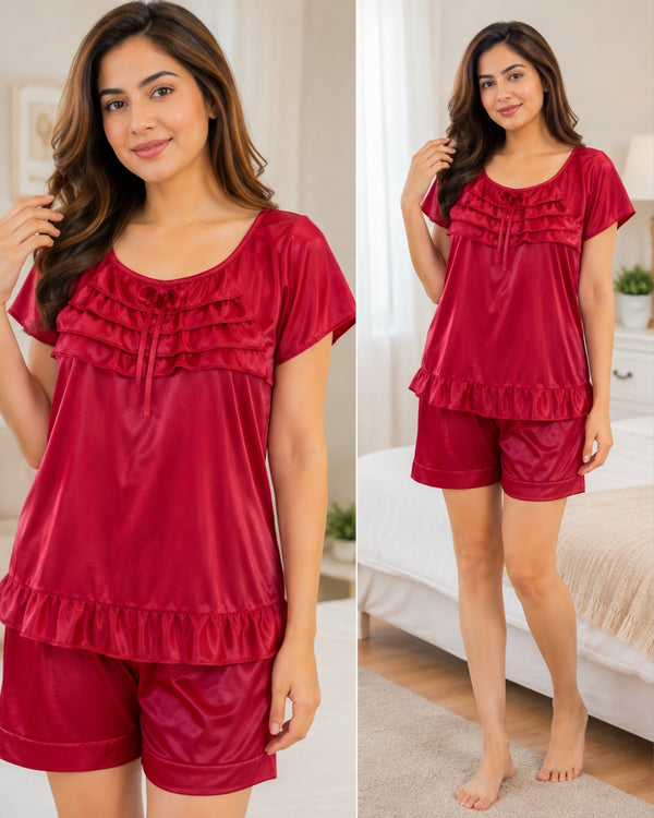 Ruby Ruffle Satin Short Set