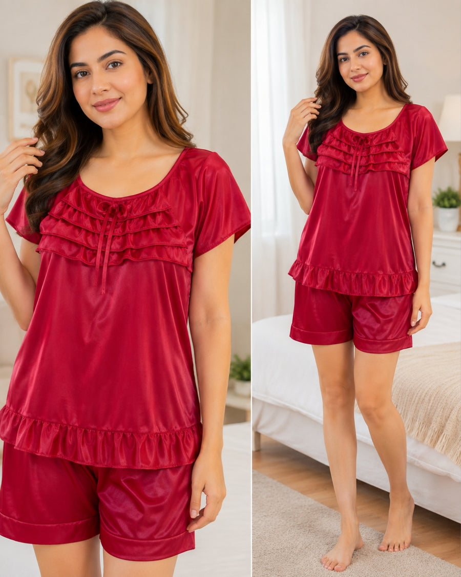 Ruby Ruffle Satin Short Set