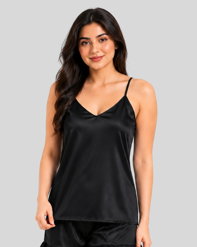 Noir Black Satin Frill Cami Short Set