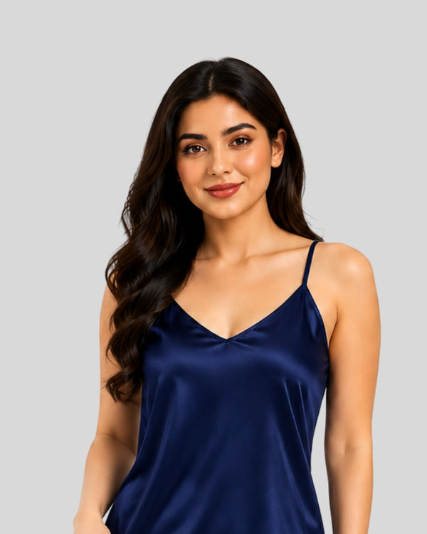 Navy Blue Satin Frill Cami Short Set