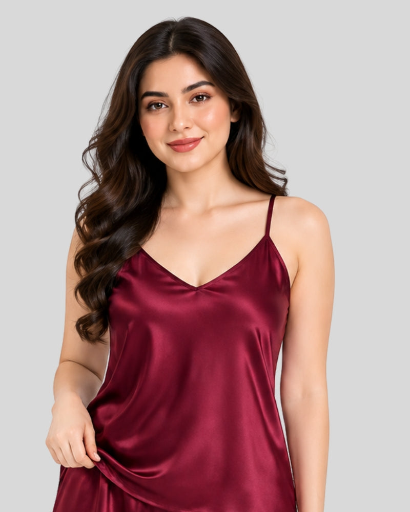 Ruby Maroon Satin Frill Cami Short Set