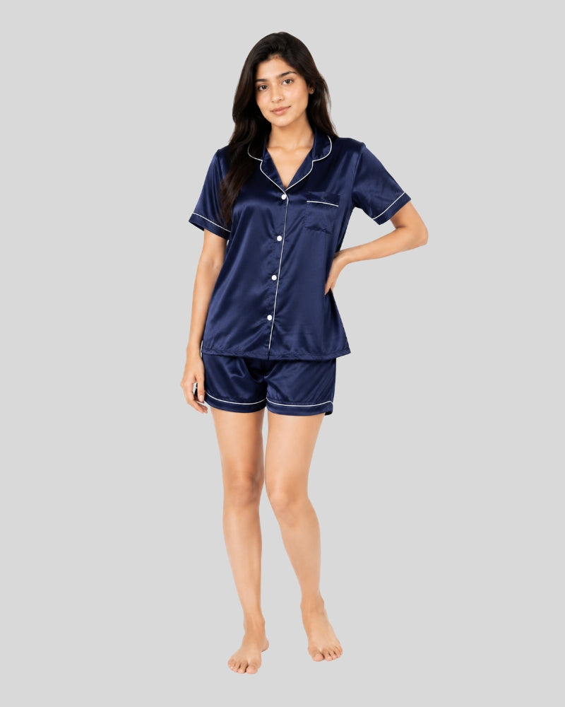 Midnight Navy Satin Piping Night Suit