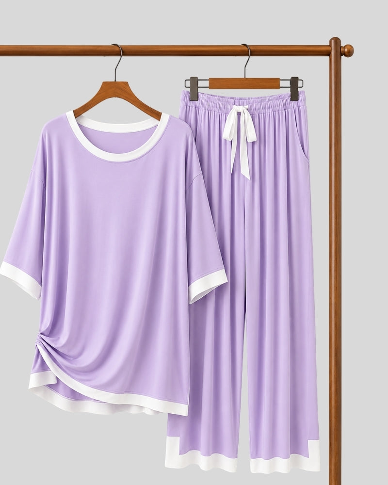 Purple White Round Contrast Lounge PJ Set