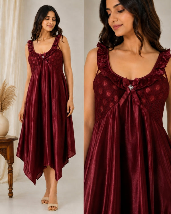 Burgundy Rose Lace Satin Maxi Nightdress