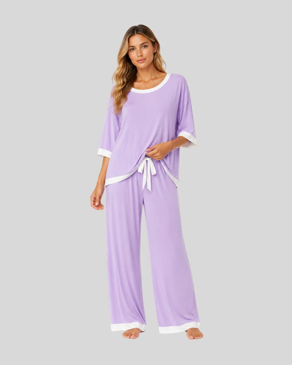 Purple White Round Contrast Lounge PJ Set