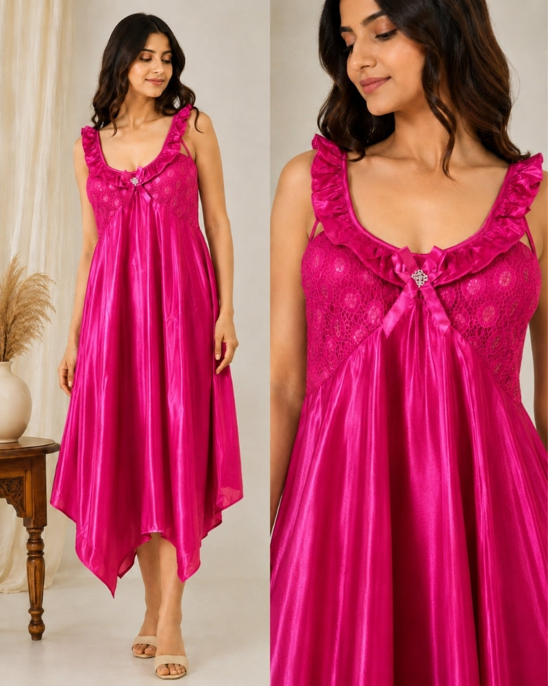 Fuchsia Rose Lace Satin Maxi Nightdress