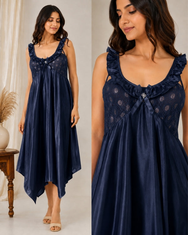 Midnight Navy Lace Satin Maxi Nightdress