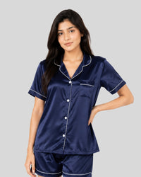 Midnight Navy Satin Piping Night Suit