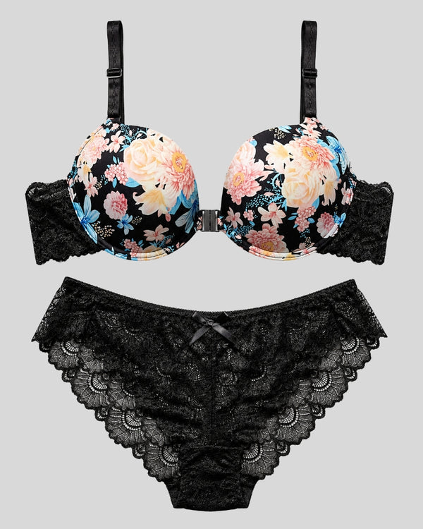 Black Floral Lace Push-Up Bra & Panty Set