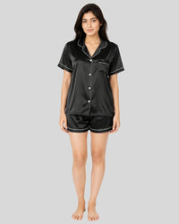 Noir Black Satin Piping Night Suit