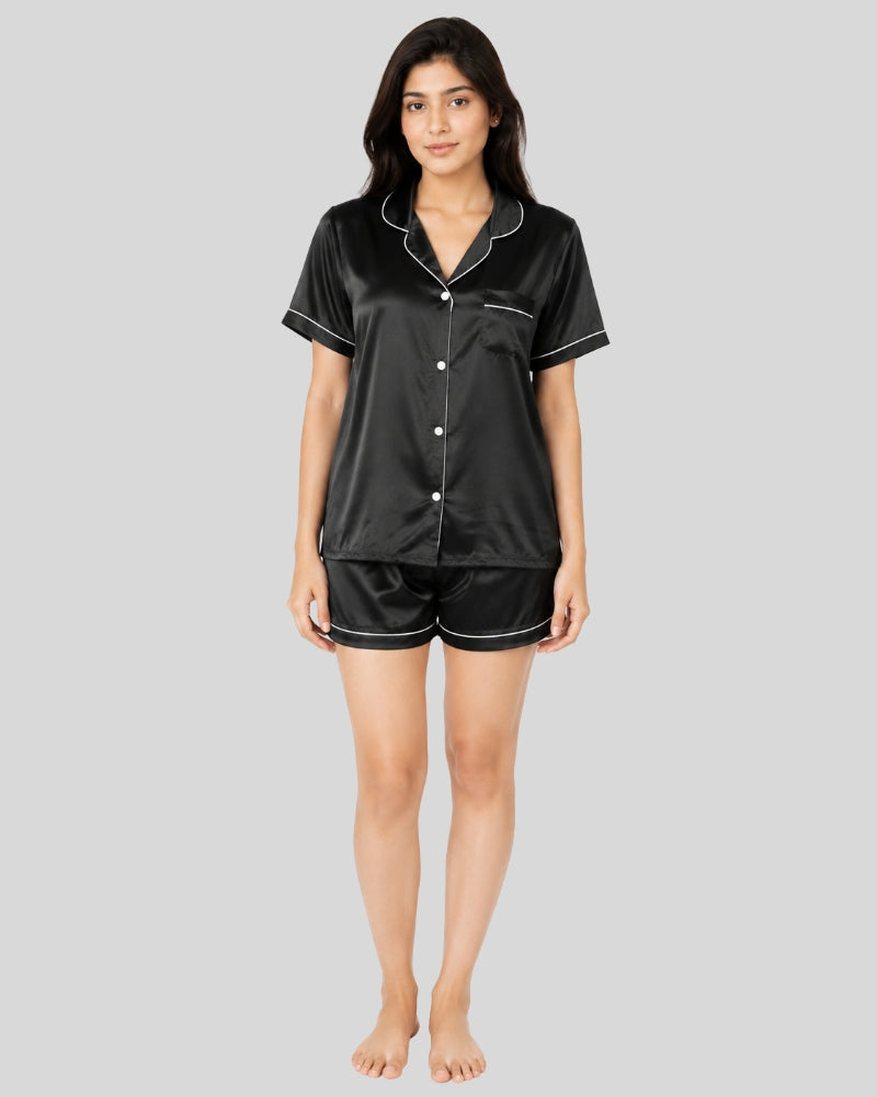 Noir Black Satin Piping Night Suit