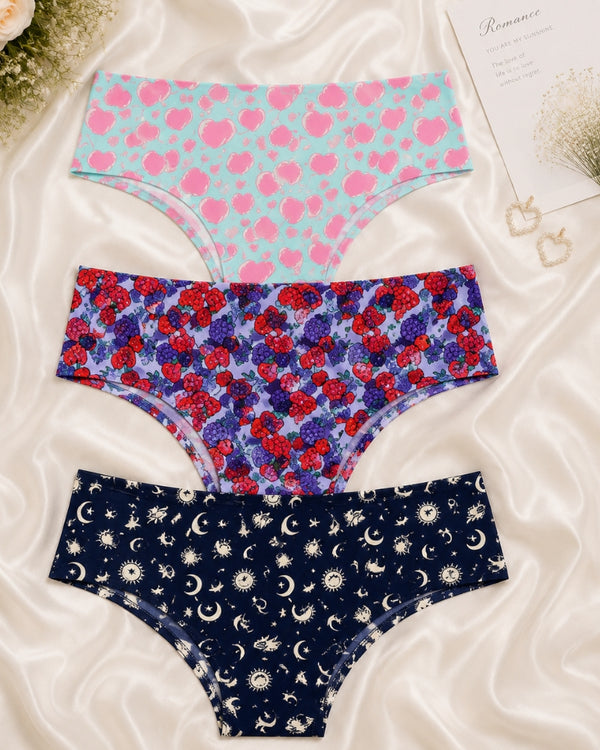 Printed Comfort Cotton Panty Trio (Mint Heart, Berry Floral & Midnight Moon)