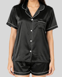 Noir Black Satin Piping Night Suit
