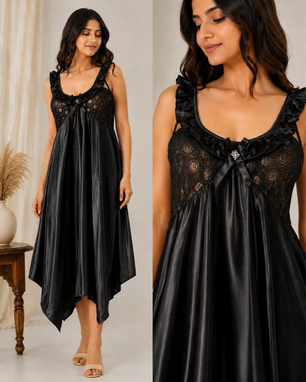 Midnight Noir Lace Satin Maxi Nightdress