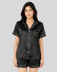 Noir Black Satin Piping Night Suit