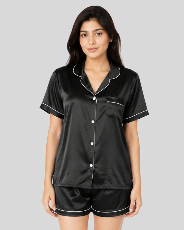 Noir Black Satin Piping Night Suit