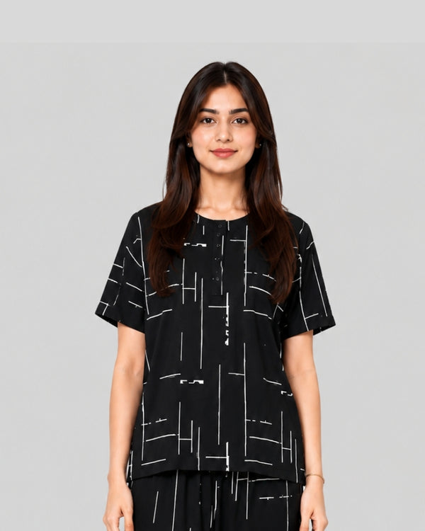 Black Luxe Printed PJ Set ( Black Capri )