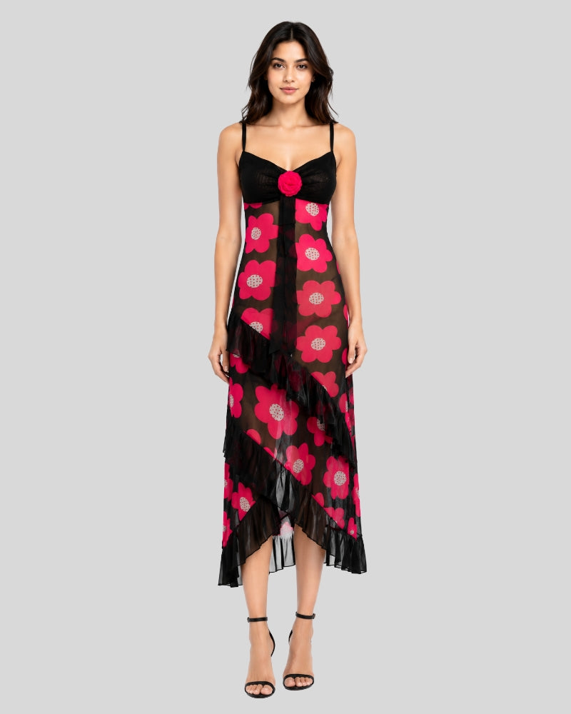 Scarlet Bloom Asymmetrical Maxi