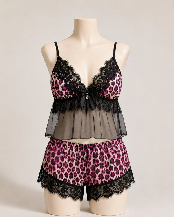 Pink Leopard Lace Cami Short Set