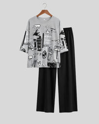 Midnight Sketch Printed PJ Set ( Grey Planet )