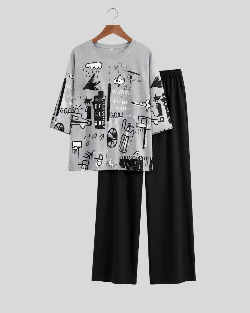 Midnight Sketch Printed PJ Set ( Grey Planet )