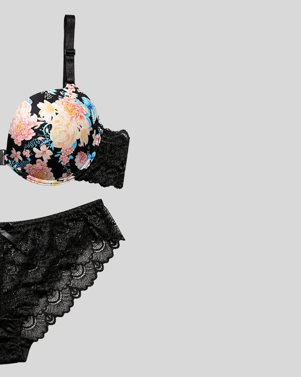 Black Floral Lace Push-Up Bra & Panty Set