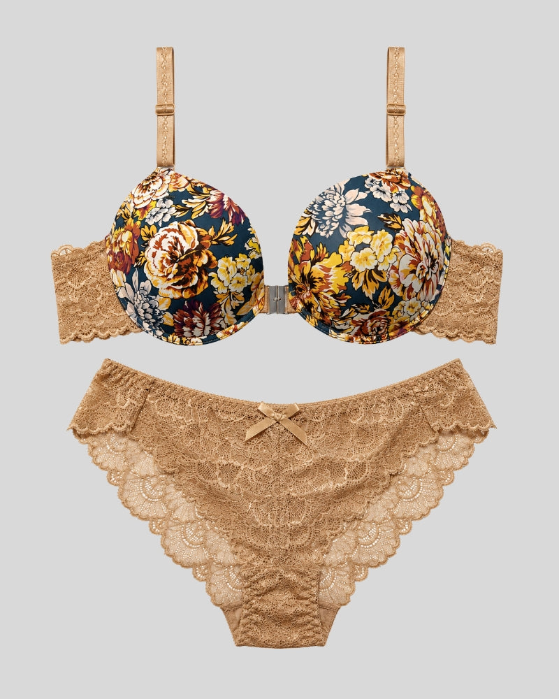 Beige Floral Lace Push-Up Bra & Panty Set