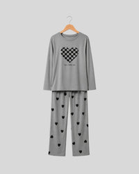 Silver Heart Printed PJ Set ( Grey Puzzle )