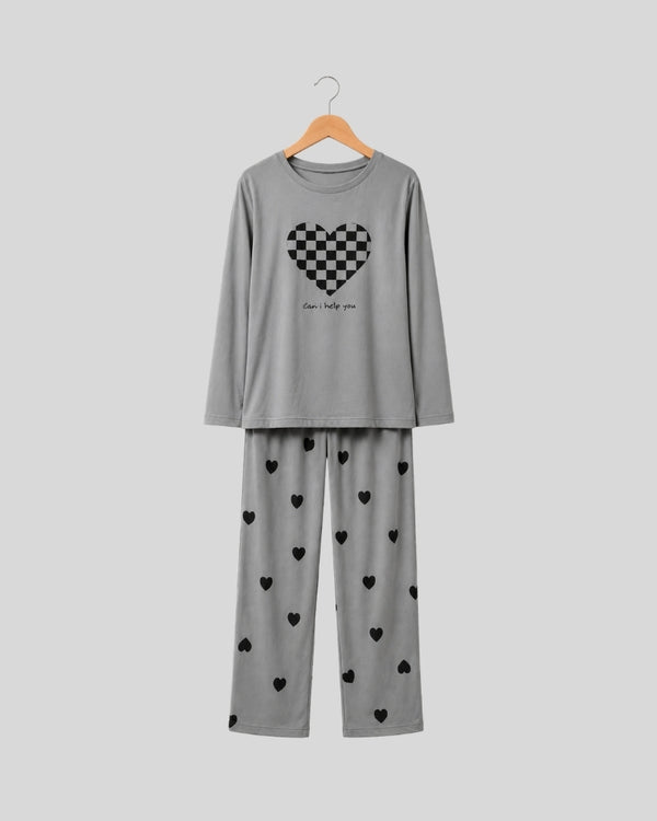 Silver Heart Printed PJ Set ( Grey Puzzle )