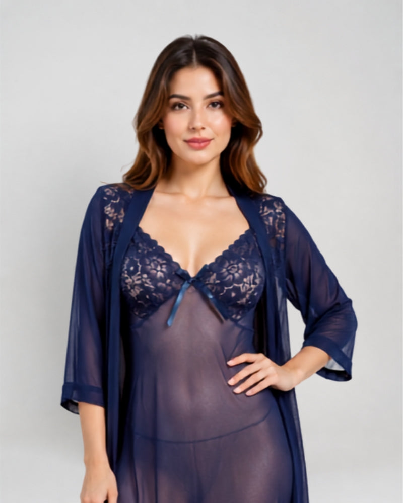 Midnight Lace Robe Nightgown Set