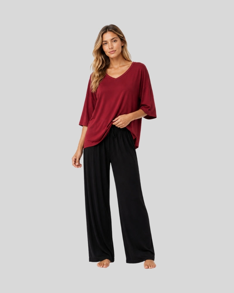 Maroon & Black Contrast Lounge Wear PJ Set