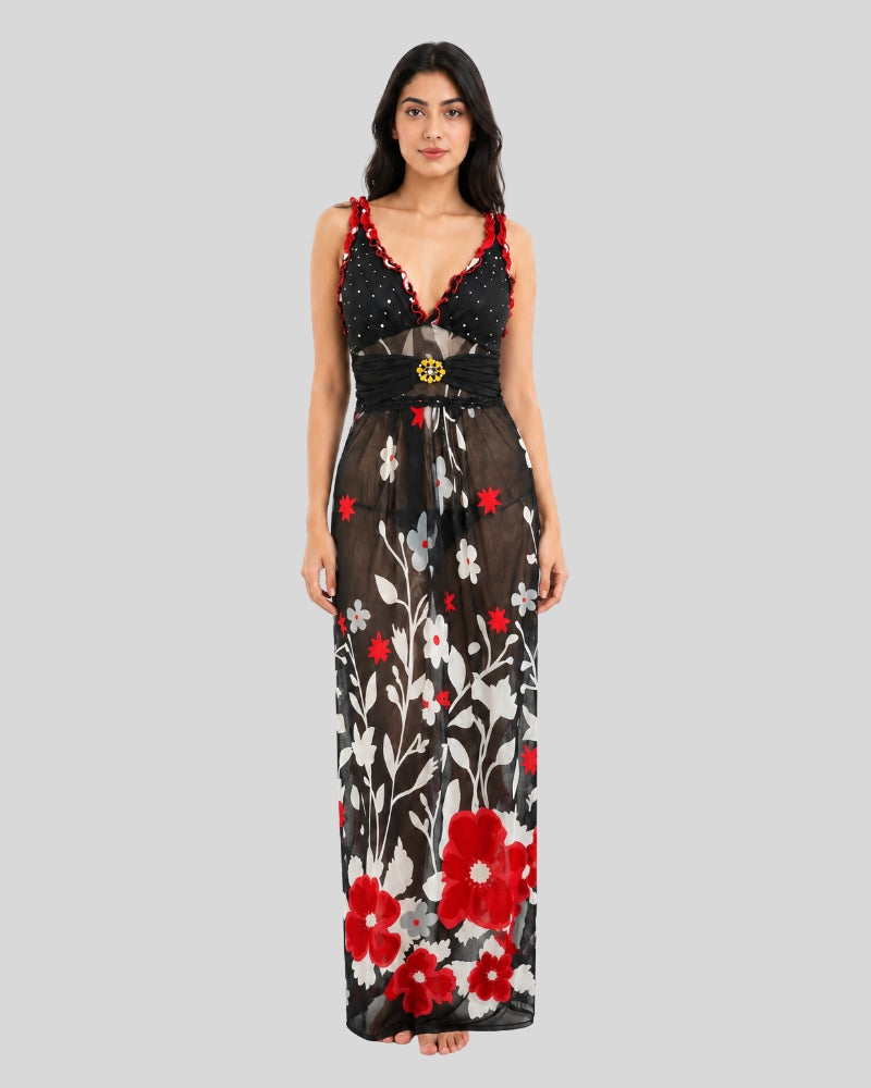 Crimson Blossom Sheer Maxi