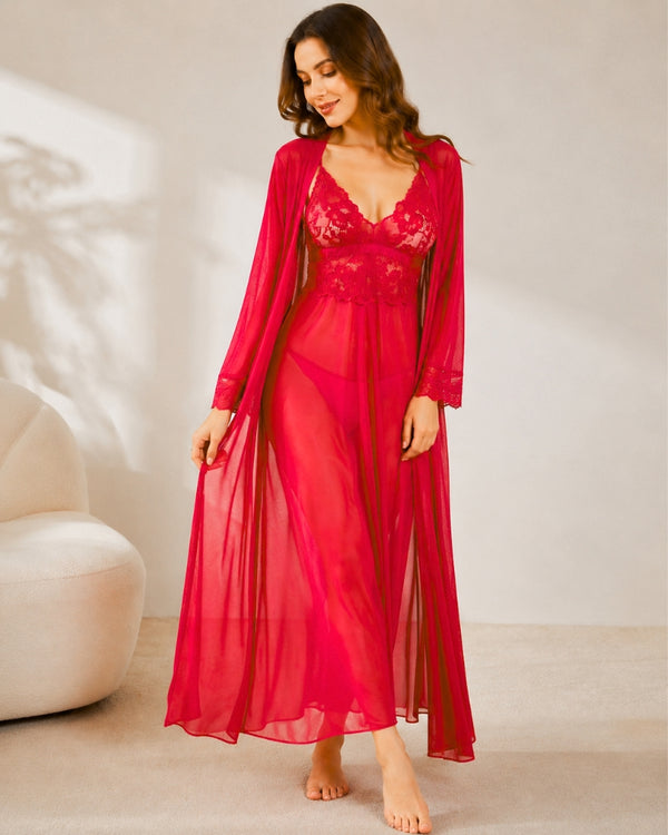 Scarlet Lace Robe Nightgown Set