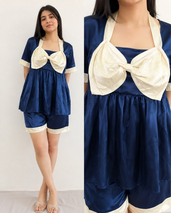 Midnight Bow Satin Shorts Nightwear Set